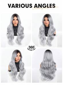 Tóc giả dài 26 inch, kiểu gợn sóng xoăn, màu xám bạc ombre, rẽ ngôi giữa, chân tóc màu nâu đậm, kiểu tóc giả dài xoăn ombre xám thanh lịch dành cho nữ - Chịu nhiệt, trông tự nhiên, chịu nhiệt, thích hợp cho các bữa tiệc, Giáng sinh, Năm mới, lễ hội hóa trang, lễ hội âm nhạc, cosplay, và là món quà lý tưởng cho các cô gái, lễ tốt nghiệp mùa hè, Halloween, Giáng sinh. - Màu xám ombre - Xem 10