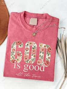 2026 Women's 230g Heavyweight Retro Christian T-Shirt-Vintage "God Is Good" And "It's Always Been Like This" Bible Verse Print, Crew Neck Short Sleeve Casual T-Shirt, Suitable For Church Activities, Casual Outfits, Holiday Gifts (Machine Washable)Faith-Themed Clothing, Wax-Print Vintage Style, H-Cut Design, Suitable For All Seasons, Soft And Breathable Fabric, No Padding, Pullover Design, Suitable For Spring And Summer, Whitetops,Valentinesdayoutfit,Mardigras,Summertops,Clearancesaleforwomen,Valentineoutfitsforwomen,Womentops,Fairycore,Superbowl,Costumeselegantthewoman - Màu Hồng Tươi - Xem 1