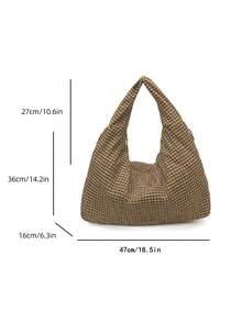 Retro Small Plaid Pleated Large Capacity Tote Bag, Loose Casual Style Versatile Shoulder Bag For Women, Artistic Mori Style Plaid Tote, Casual Versatile Shopping Cloth Bag, College Style Schoolbag For Students, Short Trip Travel Bag, Multi-Pocket Zoned Cloth Bag - Khaki - View 12