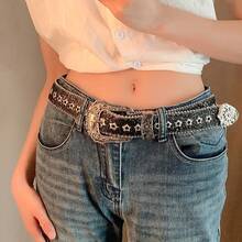 1pc Women's Western Cowgirl Style Rhinestone Embellished Y2K Waist Belt, Suitable For Daily Wear, Parties And Gatherings - Black - View 2