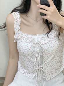 2025 Spring/Summer Designed Lace-Up Floral Print Women Short Sleeveless Tank Top Casual White - White - View 2