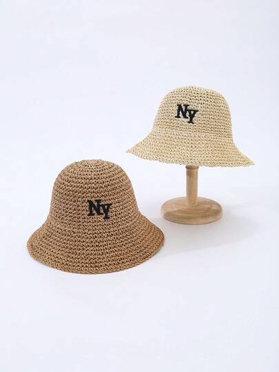 1pc Women's Fashion Bohemian Style NY Letter 3D Embroidery Handmade Crochet Straw Hat, Suitable For Spring, Summer, Autumn Daily, Beach, Vacation Wear