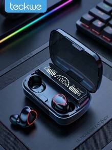 Teckwe Auriculares inalámbricos, pantalla LED, sonido Hi-Fi, estéreo 3D, emparejamiento totalmente automático, compatible con AAC, diseño ergonómico y resistente al agua, negro oscuro - Negro - Ver 1