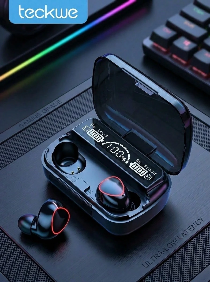 Teckwe Auriculares inalámbricos, pantalla LED, sonido Hi-Fi, estéreo 3D, emparejamiento totalmente automático, compatible con AAC, diseño ergonómico y resistente al agua, negro oscuro - Negro - Ver 1