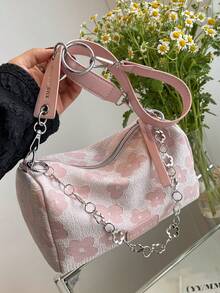 新款春夏撞色条纹编织草编单肩包，时尚字母贴片装饰女士链条单肩包，休闲度假草编斜挎包，夏季草编沙滩包，度假必备，完美搭配沙滩配饰，沙滩用品，沙滩必备，沙滩装备及夏季必备，最新假日包，度假必备，度假，编织包 - 粉色 - 查看 5