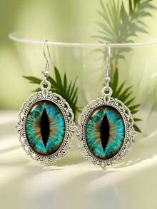 Bohemian Turquoise Dragon Eye Oval Dangle Earrings - Mysterious Reptile Eye Statement Jewelry For Party - Silver - View 7