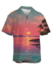 Ocean Sunset Landscape Symbolizing Calm Energy And Freedom Reflected In Warm Colors Over Tranquil Waves 3D Print Men'S Short Sleeve Button Up Shirt Casual Beach Style Breathable Summer Top - 白色 - 查看 4