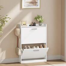 Shoe Cabinet Organizer With 2 Flip Drawers,Freestanding Shoe Rack Cabinet,Narrow Shoe Cabinet Storage For Entryway,Foyer, Hallway, White, 23.6" W * 6.3" D * 33.1" H - View 2