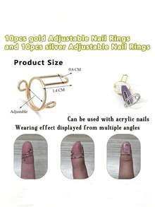 10/20pcs Fashion Nail Rings, Adjustable Metal Finger Rings Set, Removable Nail Art Decorations, Suitable For Various Occasions Nails Nail Charms - 彩色 - 查看 3
