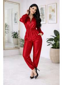 Women's Set: Long-Sleeved Blouse With Shoulder Pads And Jogger Pants In Thick Satin Crepe With Elastane, Fitted Cuffs, Stylish, Modern And Sophisticated - 紅色 - 查看 6