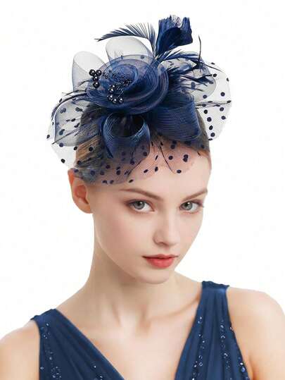 1 pieza Diadema de sombrero mini azul marino para mujer, tocado con cinta de malla floral y plumas, accesorio para el cabello para fiestas y bodas, adecuado para uso diario, viajes, fiestas, vacaciones