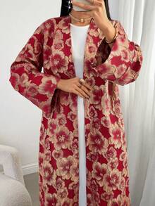 女士优雅提花喇叭袖宽松阿拉伯长袍 - 酒紅色 - 查看 1