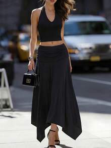Chân váy maxi xếp ly cạp cao màu đen dành cho nữ - Chất liệu mềm mại, rủ nhẹ, vạt bất đối xứng, dáng chữ A - Trang phục thanh lịch, lãng mạn, thường ngày cho Ngày Valentine, Lễ hội Carnival. - màu đen - Xem 7