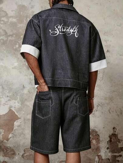 男士牛仔风多口袋短袖衬衫和松紧腰短裤两件套，黑色宽松街头风夏季海滩度假休闲装，男友/儿子礼物