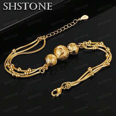 18K镀金磨砂珠链手链，女士派对婚礼时尚925银手链吊坠饰品生日礼物