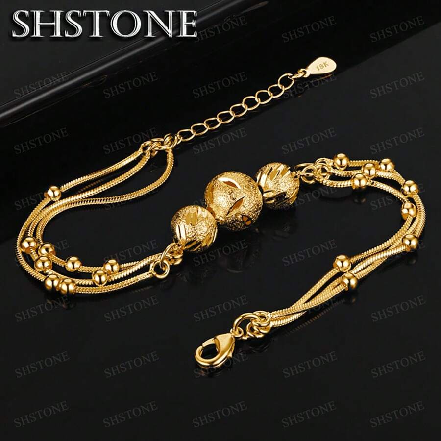 18K镀金磨砂珠链手链，女士派对婚礼时尚925银手链吊坠饰品生日礼物 - 金色 - 查看 1