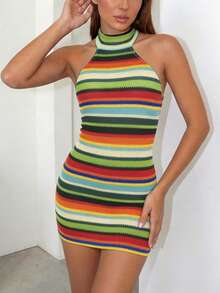 Đầm ôm sát gợi cảm cổ yếm hở lưng in họa tiết sọc DOUCIU dành cho nữ, thích hợp dự tiệc và đi club. - màu xanh lá - Xem 2