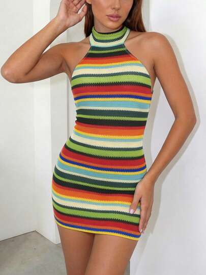 Đầm ôm sát gợi cảm cổ yếm hở lưng in họa tiết sọc DOUCIU dành cho nữ, thích hợp dự tiệc và đi club.