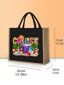 Cruise Theme Linen Canvas Tote Bag And Storage Bag Set, Printed With "Cruise Life" Patterns Of Coconut Tree, Seashell, Dolphin, Starfish, Tote Bag And Cosmetic Bag, Foldable Lightweight Storage Bag, Beach Essential, Large Capacity Linen Shopping Bag, Suitable For Women In Summer - MultiWarna - View 9