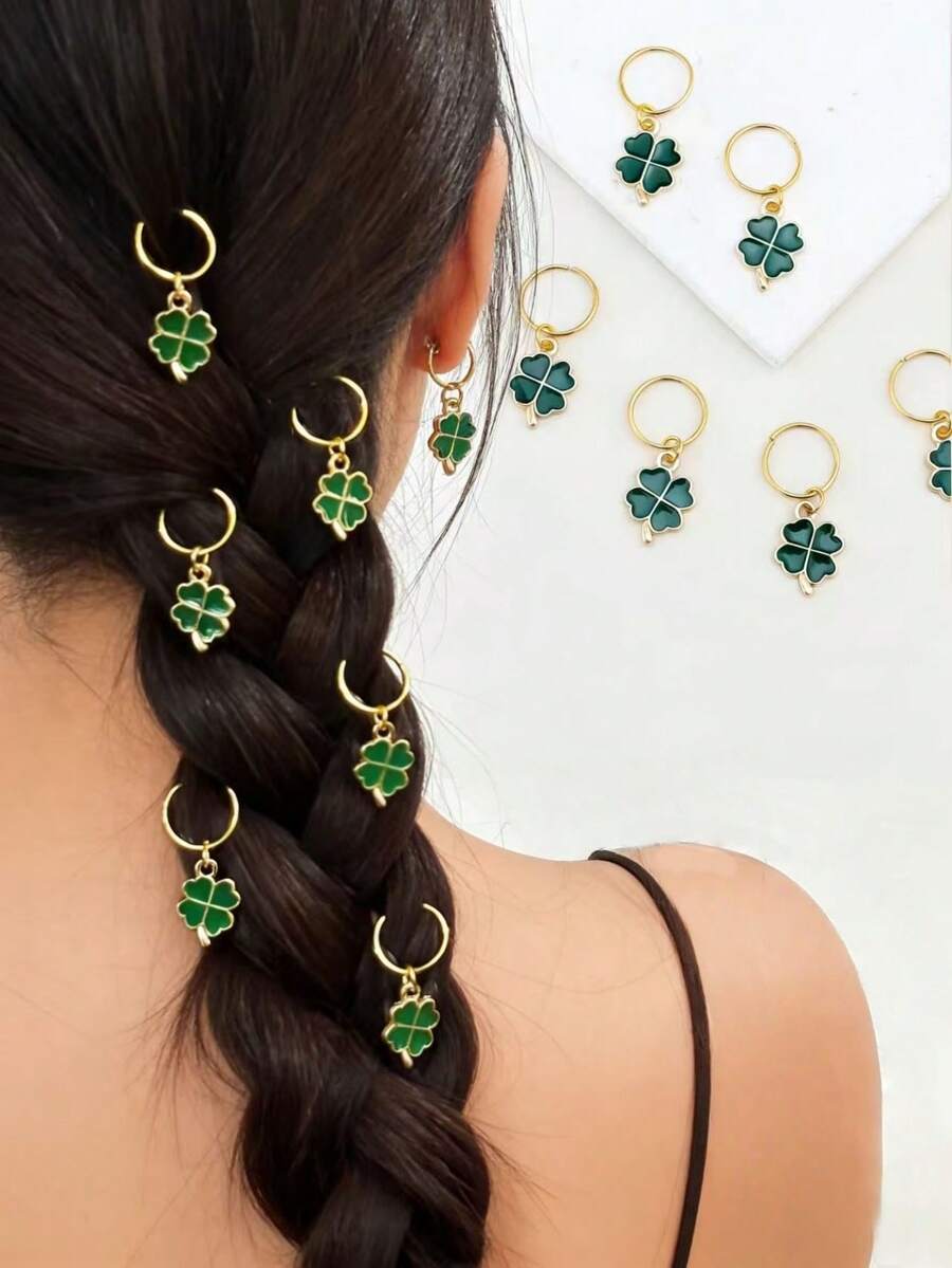6 chiếc kẹp tóc hình cỏ bốn lá, dây buộc tóc đính hạt, phụ kiện tóc cho kiểu tóc tết, vật dụng cần thiết cho ngày lễ Thánh Patrick. - màu xanh lá - Xem 1