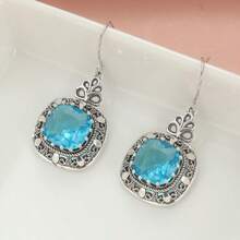 Luxury Retro Blue Square Pendant Earrings, Inlaid With Artificial Crystals, Delicate Handcrafted Linear Texture, Suitable For Daily And Occasions, Surprise Gift For Women - Silver - View 1