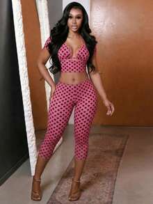 2026 Y2K Style Polka Dot Short Top And Pants Set, Women's Vacation Print Polka Dot V-Neck Top And High-Waisted Pants Set, Elegant Polka Dots, Sexy And Fitted, Perfect For Vacation Wear And Spring Outfits - 玫紅色 - 查看 2