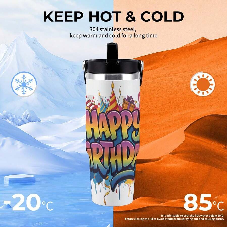 30oz Colorful "Happy Birthday" Typography Stanley Style Tumbler Wrapped Graffiti SGRHO Mug - White - View 1