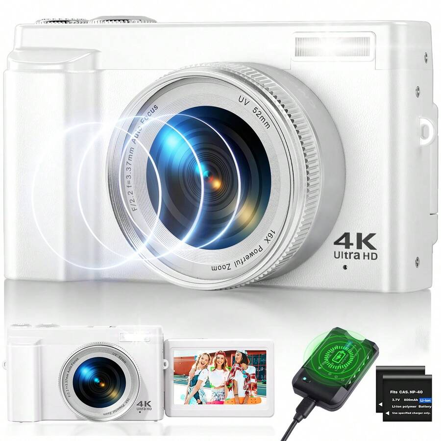 Nicamery 4K 數位攝影機 48MP 自動對焦 180° 3英吋翻轉螢幕 自拍 Vlog 攝影機 16倍數位變焦 高畫質 防震 便攜旅行攝錄機 補光燈 附 2 顆電池 [不含記憶卡，需另行購買]
