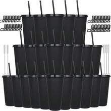 24-Pack 24oz Party Cups With Lids Straws Dust Covers Reusable Large Plastic Tumblers For St Patrick's Day Spring Camping Home Gathering Gift Giving Available In Pink Black White - Black Park - View 8