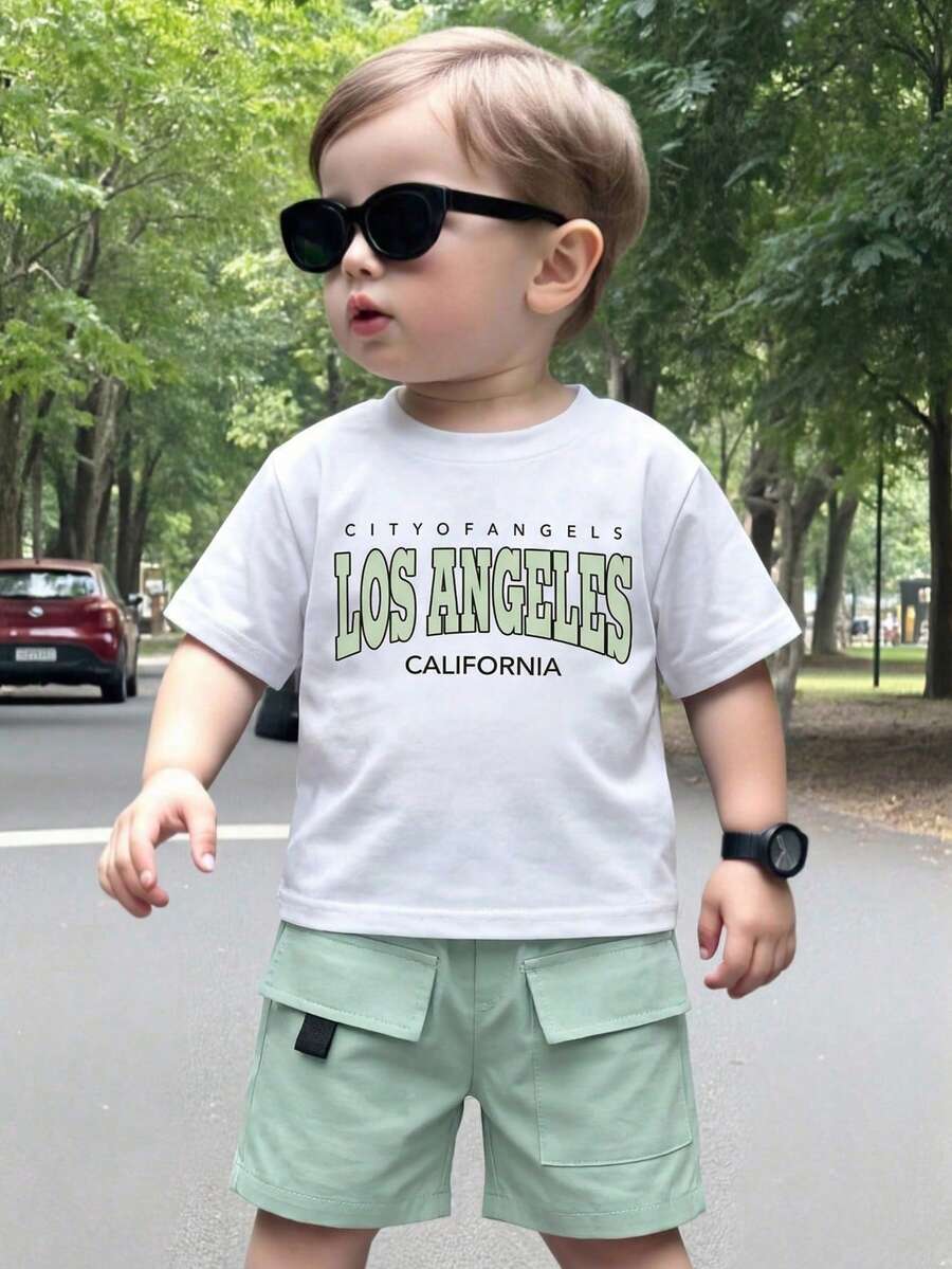 Set de 2 piezas de camiseta de cuello redondo con estampado de letras y pantalones cortos casuales para bebé niño, verano - Verde - Ver 1
