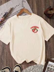 1pc  Summer Fruit T-Shirt, Strawberry T-Shirt, "Good Times" Slogan Print Women T-Shirt, Strawberry Pattern Women T-Shirt Summer Tops Summer Clothes Shirts Spring Outfits For Women Summer Graphic Tees Women T Shirts - 杏色 - 查看 2