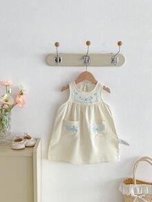 Đầm không tay thêu hoa tối giản ngọt ngào cho bé gái, thích hợp cho mùa xuân/hè. - Màu be - Xem 2