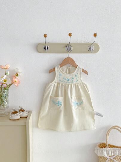 Đầm không tay thêu hoa tối giản ngọt ngào cho bé gái, thích hợp cho mùa xuân/hè.