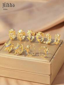 Hihho 1 paire de boucles d'oreilles à tige, créoles, méduses, étoiles de mer, tortues, palmiers, dauphins de la série océanique. Bijoux minimalistes multifonctionnels avec zirconium coloré, cadeau idéal pour les amateurs d'océan - Doré - Voir 10