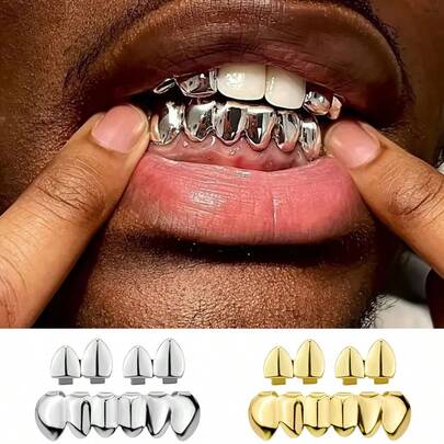 THATBOY 3 Piecesfashionable Grillz Set - 2 Flat Top Grillz And 6 Bottom Grillz (Adjustable Opening And Closing), Hip-Hop Style Dental Jewelry, Unisex, Suitable For Daily Wear, Parties, Performance Props