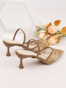 优雅刺绣网纱高跟穆勒鞋，尖头单带女鞋，派对/宴会/通勤凉鞋 - 棕色 - 查看 3
