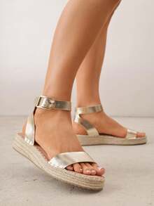 VICES Sandals With Thick Braided Sole And Ankle Strap - Gold - View 2