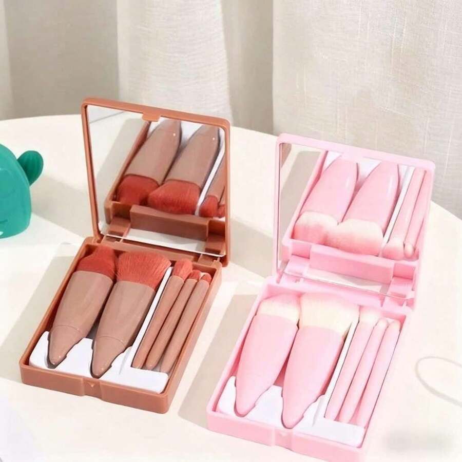5-Piece Makeup Brush Set With Portable Mirror - Mini Compact Set - Soft Bristles - High Precision - Easy Application - Various Colors - Daily Use - Travel - Lightweight, Practical, Durable - 隨機的 - 查看 1