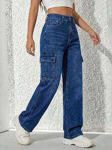 Wide-Leg Denim Pants With A Flattering High Waist And Functional Cargo-Style Side Pockets - Dark Blue H2KB20 - View 19