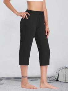 Women's Comfort Yoga Capri Pants With Drawstring & Pockets, Straight Wide Leg Sweatpants For Sports And Casual - 黑色 - 查看 3