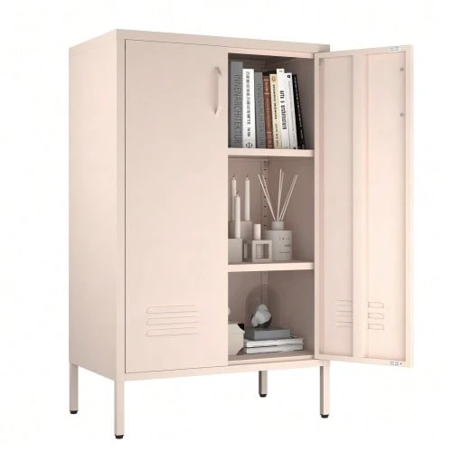 White Steel Storage Cabinet With 2 Doors And 2 Adjustable Shelves, Multifunctional Cabinet For Living Room, Kitchen, Bedroom, Garage Tool Storage And Office File Organization. - 粉色 - 查看 1