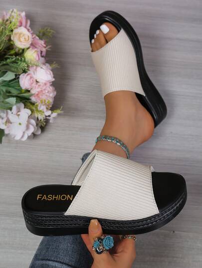 女士黑色拖鞋，休闲露趾设计，厚底，纯色，户外单带沙滩拖鞋，夏季