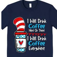 2026 SUMMER TopWhimsical 'I Will Drink Coffee Everywhere' Graphic Tee   Cat In The Hat Inspired Coffee Cup Design   Soft Black Short Sleeve Cotton T Shirt For Men & Women   S XXXLLoose And Comfortableshirt - 藏青色 - 查看 7