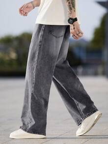1pc Justice Brother Casual High Street Washed Snowflake Gray Loose Fit Wide Leg Jeans Pants For Men (Belt And Accessories Not Included) - Grey - View 6