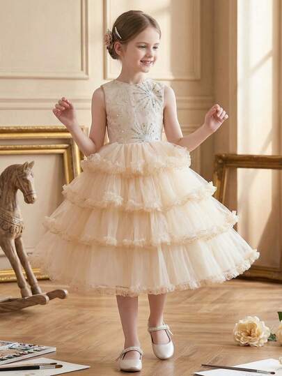 Tween Girls Elegant Champagne Embroidered Sequin Waist Midi Dress, Tulle Skirt, Suitable For Back To School, Banquet, Graduation, Formal Occasions, Prom, Party, Wedding, Princess Dress
