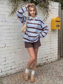 Áo polo nữ tay dài kẻ sọc kiểu rugby, màu xanh nhạt/cổ áo tương phản nâu, dáng rộng. Thiết kế phong cách thể thao cổ điển với cổ áo và cúc cài, thích hợp cho mùa xuân. - Màu xanh lam - Xem 5