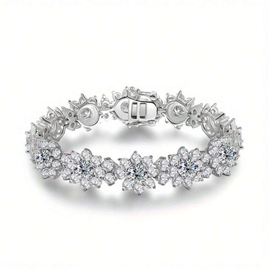 Sterling Silver VVS1 D Color 21.6cttw Sunflower Moissanite Bracelet Luxury Ladies Fine Jewelry Mother's Day St. Patrick's Day Gift - 銀色 - 查看 1