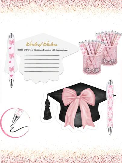Bộ 18 món bút và thiệp tốt nghiệp năm 2026, thiệp tốt nghiệp nơ hồng, bút bi nơ dễ thương, quà tặng tiệc tốt nghiệp, đồ dùng học tập, trang trí văn phòng và nhà cửa, hoàn hảo cho trang trí tiệc tốt nghiệp, lựa chọn quà tặng tốt nghiệp tuyệt vời cho nam và nữ sinh viên tốt nghiệp, lễ kỷ niệm tốt nghiệp đại học.