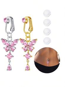 假肚脐环 - 无痛夹式非穿孔肚脐环，带硅胶垫，蝴蝶雪花低过敏性饰品，女士金银粉 - 彩色 - 查看 4