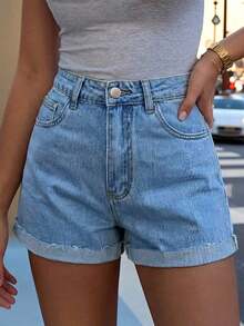 Women's Fashionable Minimalist Classic Mid-Waist Washed Denim Cuffed Shorts Summer Casual - 中等水洗 - 查看 6